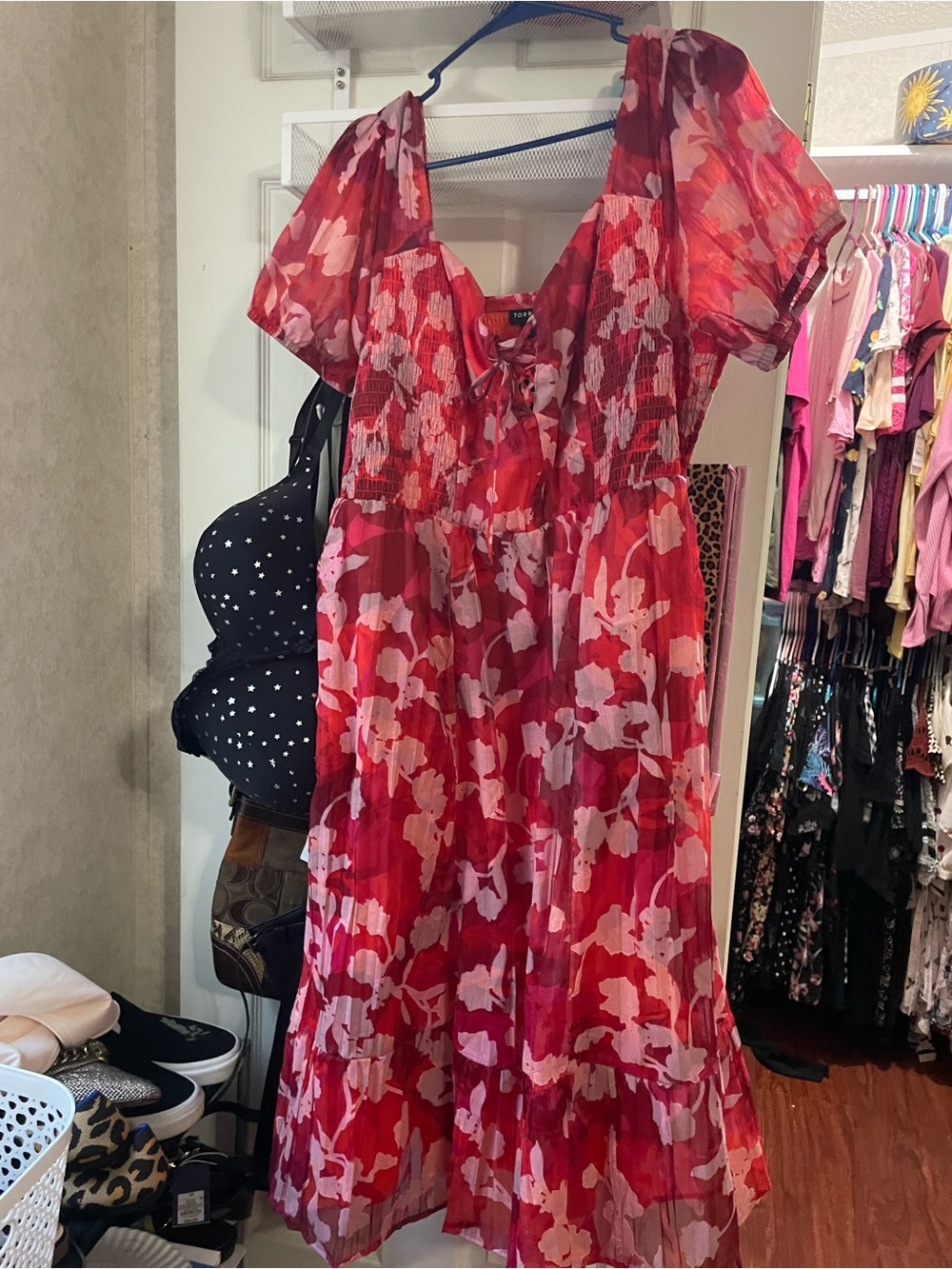 torrid Red and Pink Floral Shirred Bodice Dress